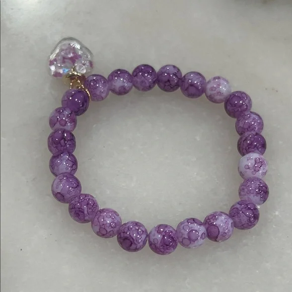 Purple Beaded Bracelet with Heart Charm - Picture 2 of 5